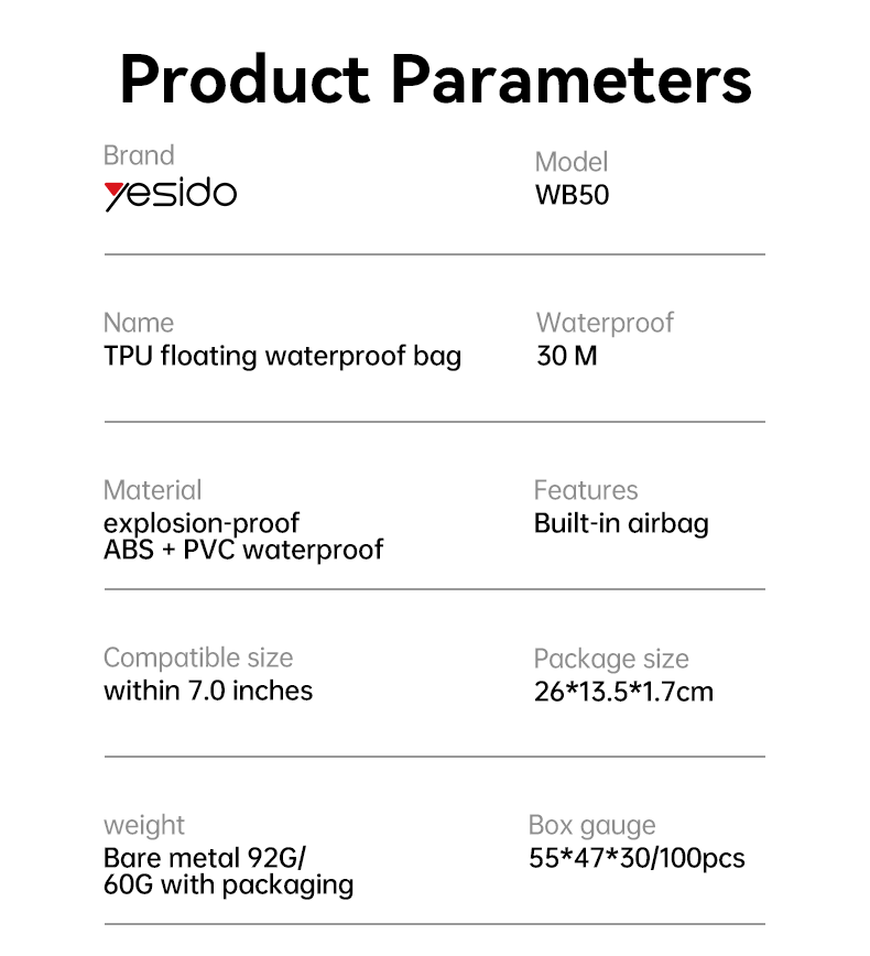 Yesido WB50 For Mobile Phone Waterproof Phone Cover Parameter