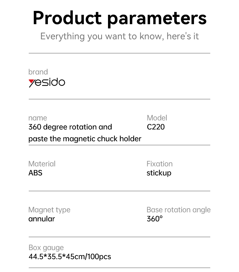 Yesido C220 360 Degree Rotation And The Magnetic Chuck Phone Holder Parameter