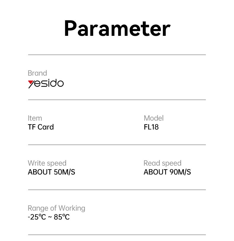 Yesido FL18 4G To 256G TF Memory Cards Parameter