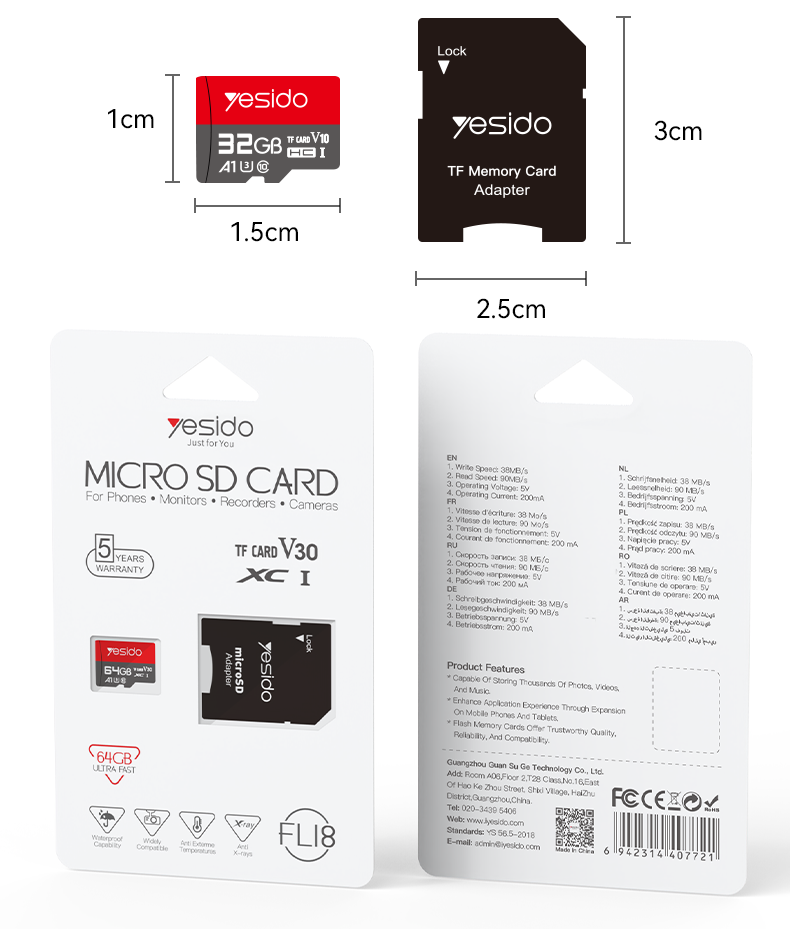 Yesido FL18 4G To 256G TF Memory Cards Packaging