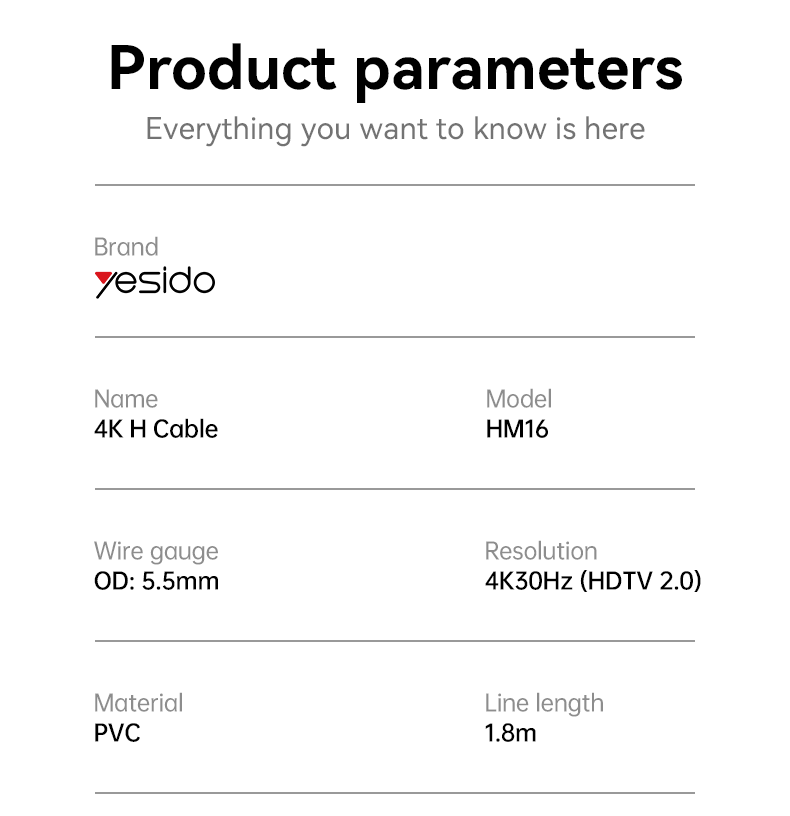 Yesido HM16 HDMI to HDMI Video Cable Parameter