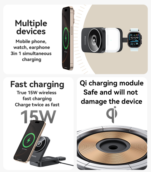 DS27 15W Wireless Fast Charging Multiple Protections Foldable Design 3-in-1 Desktop Wireless Charger