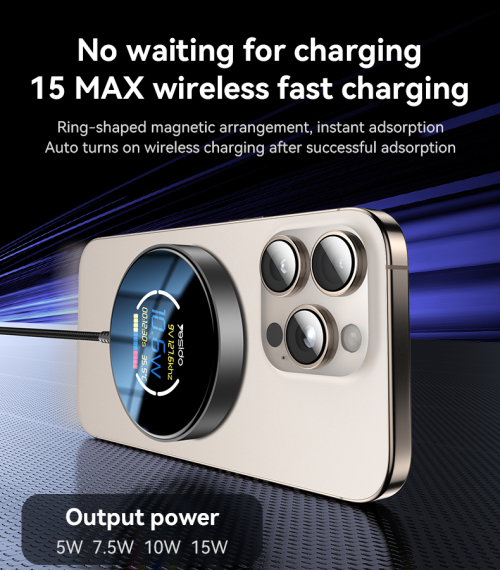 DS28 1.2m Long Cable 15W Fast Charging Dynamic Digital Display Magnetic Wireless Charger