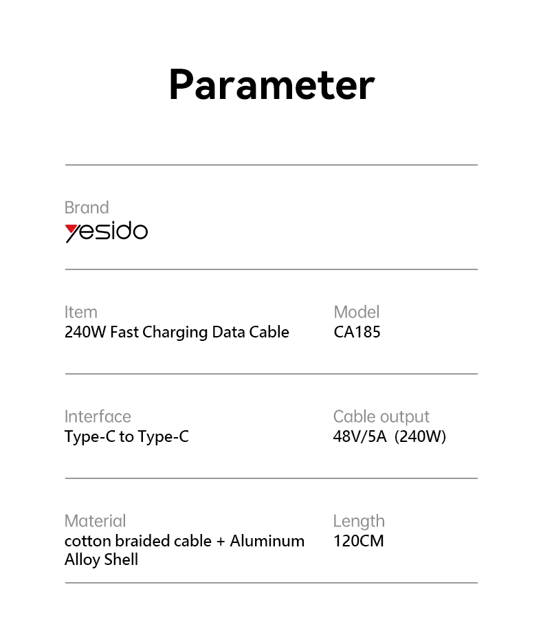 CA185 1.2M Type-C To Type-C 240W Fast Charging Data Cable Parameter