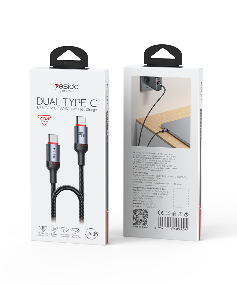 CA185 1.2M Type-C To Type-C 240W Fast Charging Data Cable packaging