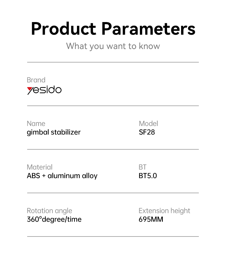 Yesido SF28 Handheld Gimbal (Tripod) Stabilizer Parameter