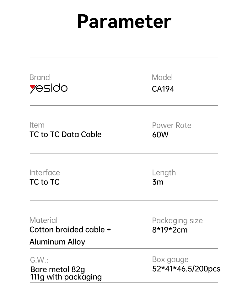 CA194 3M Type-C To Type-C 60W Fast Charging Data Cable Parameter