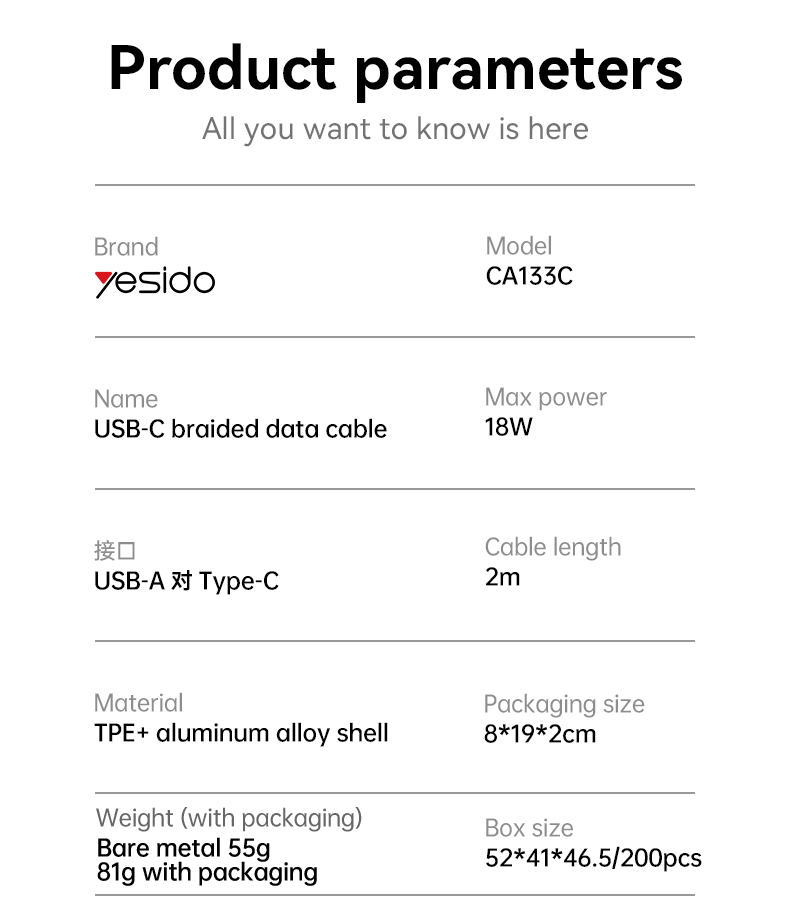 CA133C USB to Type-C 18W Fast Charging Data Cable Parameter