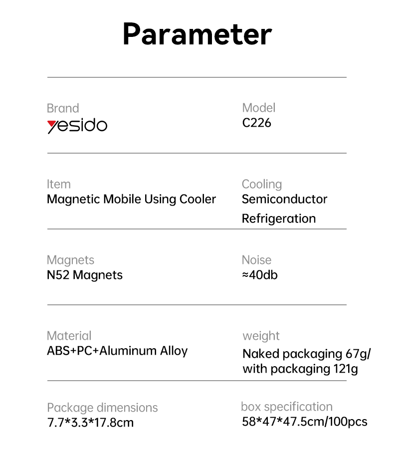 Yesido C226 Semiconductor Refrigeration Magnetic Mobile Phone Cooler Parameter