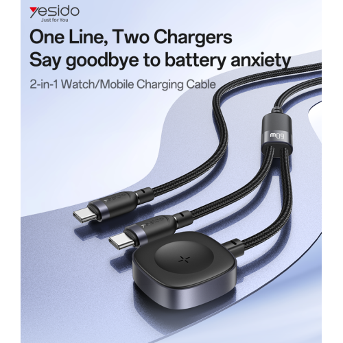 CA136C Yesido 1.2M 60W Fast Charging Type-C to Type-C&Watch High-density Braided 2 in 1 Data Cable