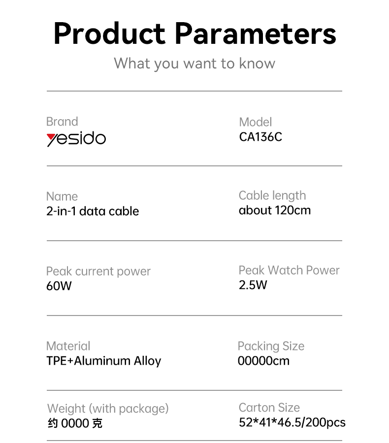 CA136C Type-C to Type-C&Watch 60W Fast Charging Data Cable Parameter
