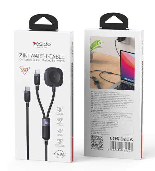CA136C Yesido 1.2M 60W Fast Charging Type-C to Type-C&Watch High-density Braided 2 in 1 Data Cable