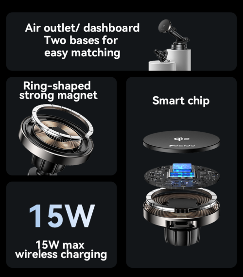 DS30 360 Rotating QI2 15W Wireless Fast Charging Phone Holder Air Outlet/Dashboard Car Phone Mount
