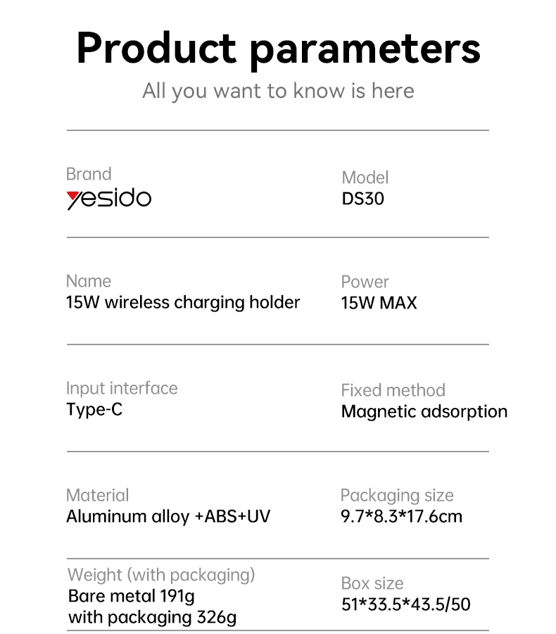DS30 15W Wireless Fast Charging Magnetic Phone Holder Parameter