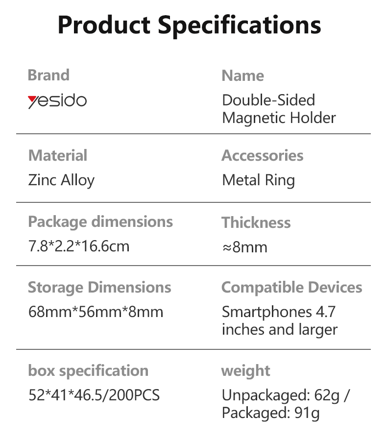 Yesido C229 Magnetic Car Phone Holder Parameter