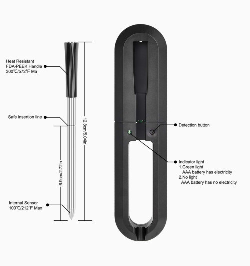 Termómetro inalámbrico con sonda Bluetooth de 6 mm de diámetro | Termómetro Bluetooth para barbacoa y carne | Termómetro inalámbrico con cargador de pilas AAA