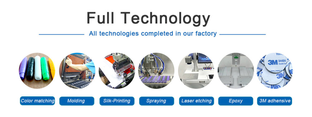 Silicone keypad finishing technologies completed in the FromRubber factory including color matching, molding, silkscreen printing, spraying, laser etching, epoxy and 3M adhesive