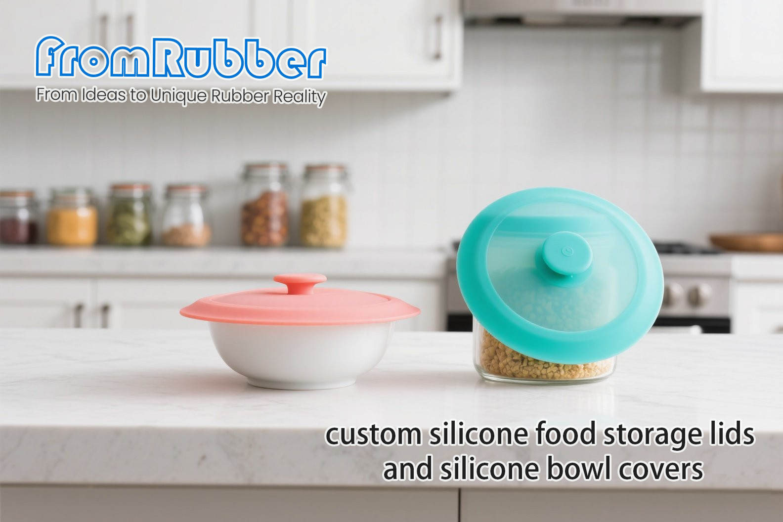 Flexible silicone stretch bowl lids in use on multiple containers