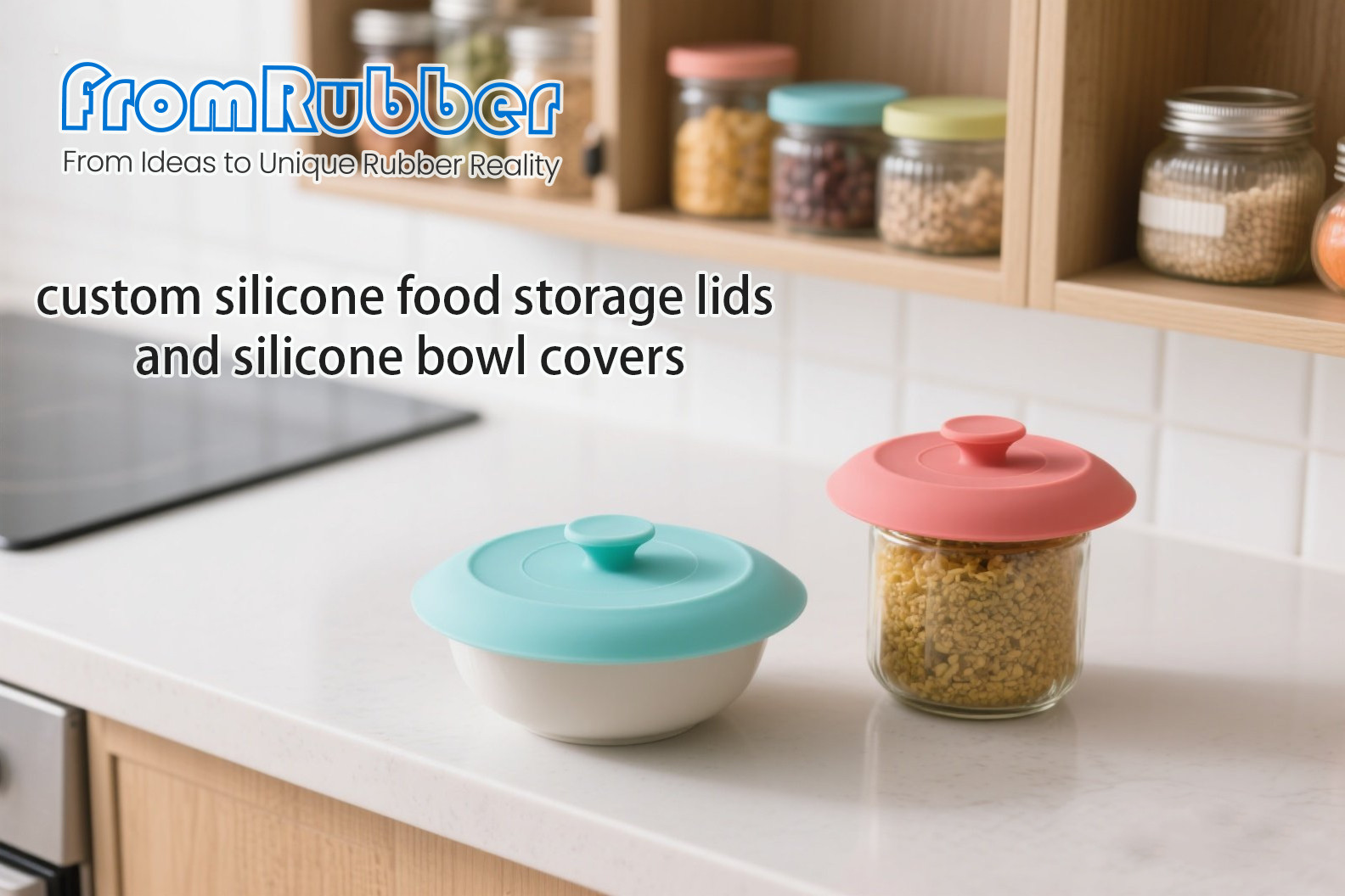 Reusable silicone food storage lids in assorted sizes and containers