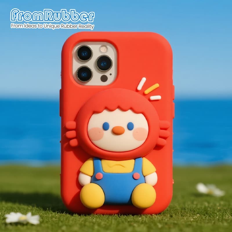 Red 3D cartoon silicone phone case with raised character, photographed outdoors