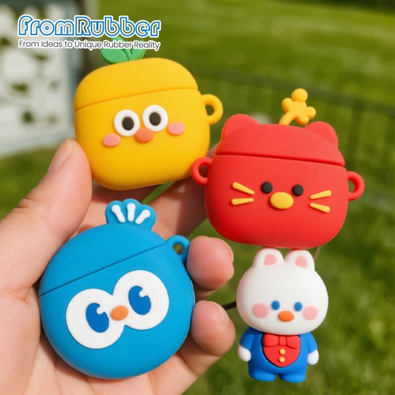Colorful custom silicone earbud charging case covers with cartoon faces