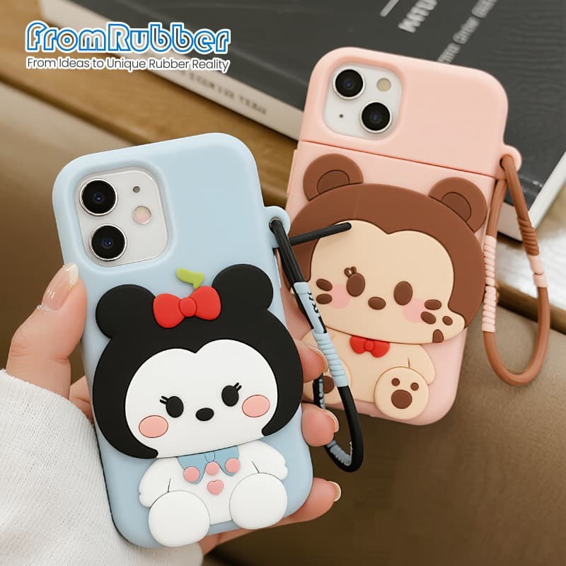 Two-shot molded silicone phone case in two colors side by side