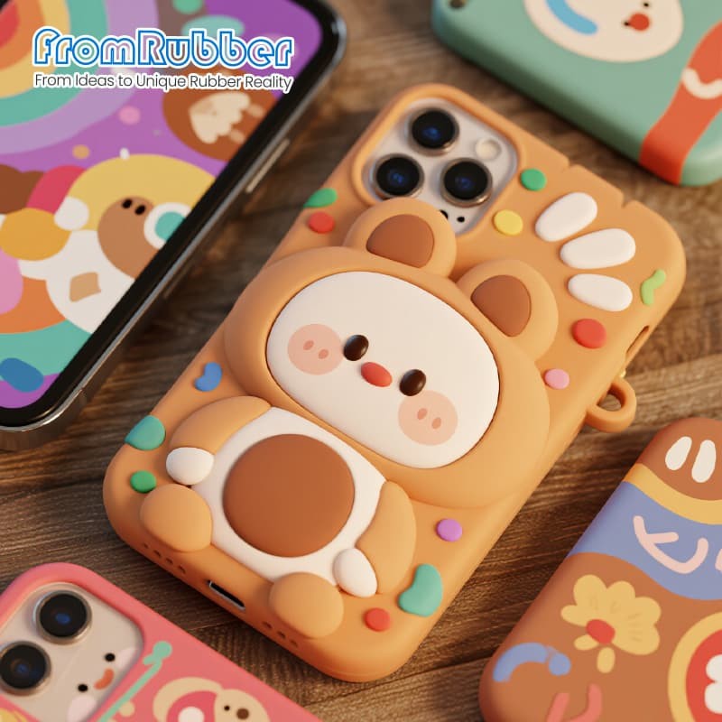 Multi color silicone phone case samples on a workbench