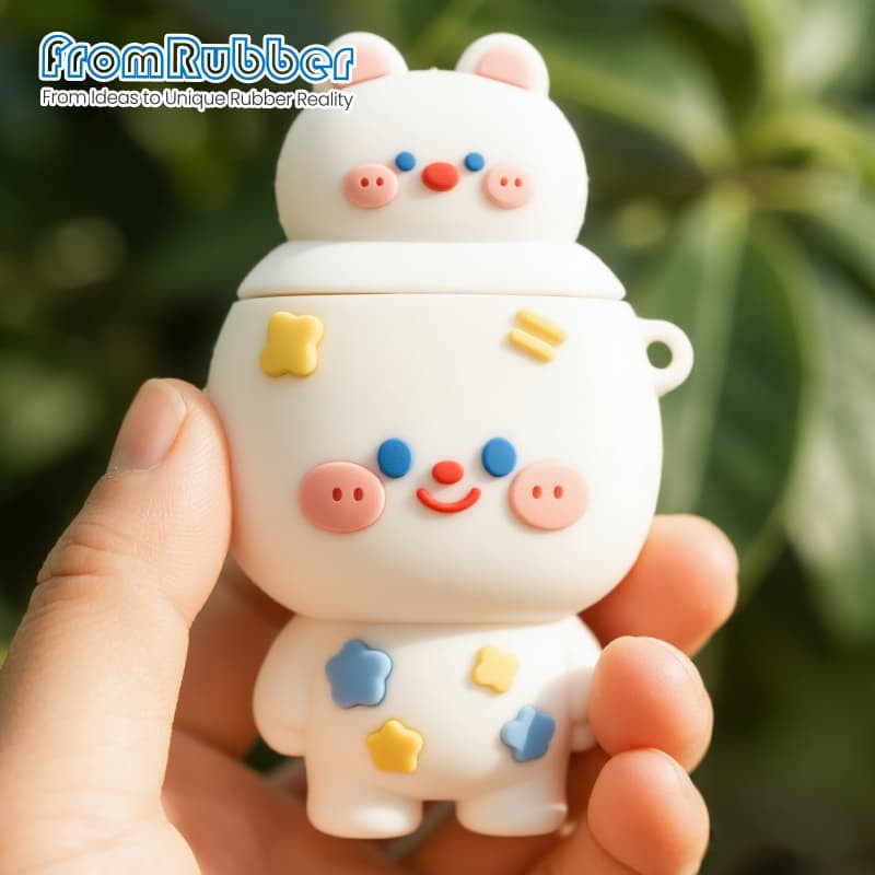 Custom white silicone power bank case with 3D animal design on a silicone body