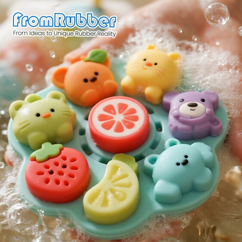 Colorful non-toxic silicone bath toys shaped as animals and fruit floating in water