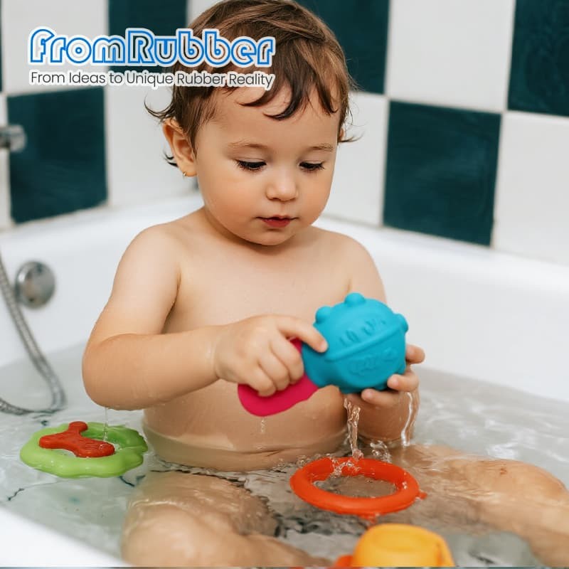 Kids enjoying floating silicone bath toys