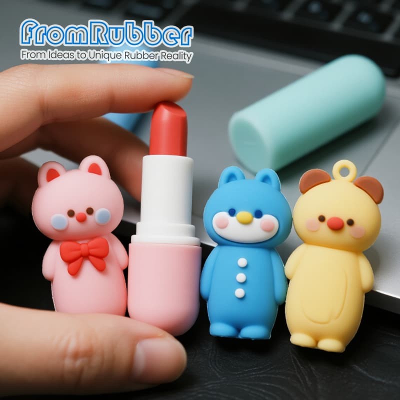 Custom silicone lipstick holders and character cases held above a desk