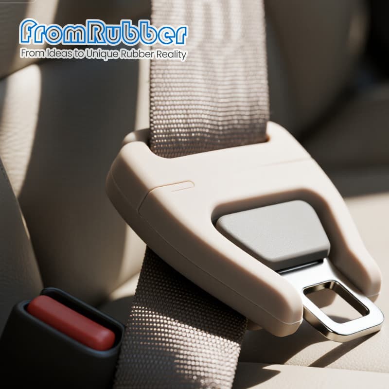 Silicone sleeve fitted on a car seat belt buckle inside the vehicle interior