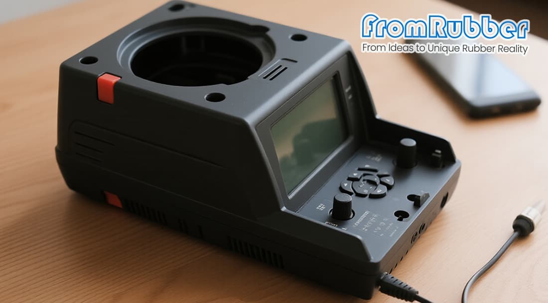 Interior view of an ABS enclosure showing custom mounting bosses and ribs