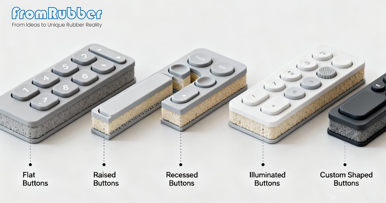 Various rubber button shape design options with dimensional considerations