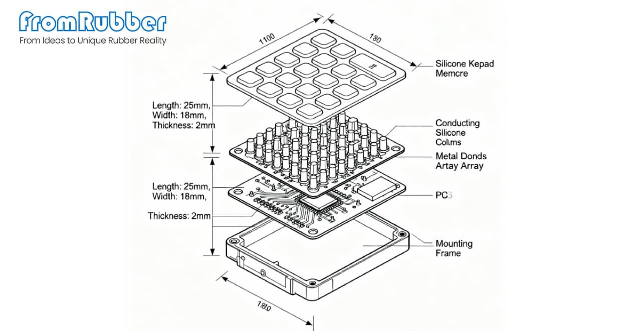 Anatomy of a rubber button showing key components