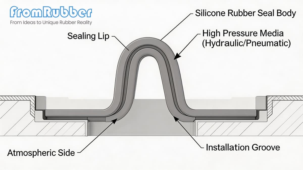 High pressure silicone seal cutaway for hydraulic and pneumatic systems – blue illustration