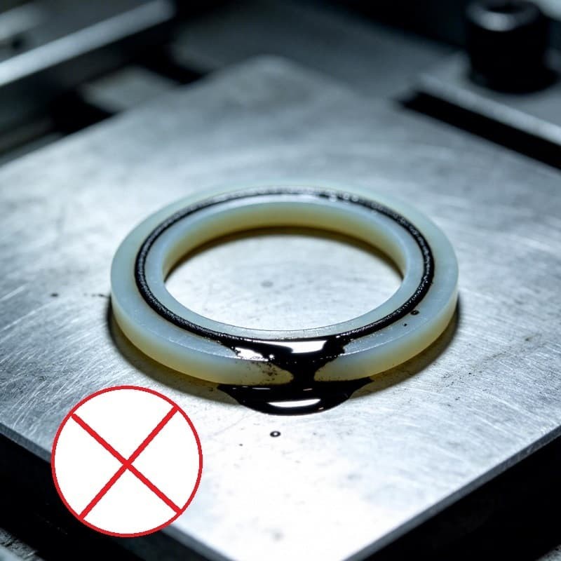 Standard RTV silicone gasket after oil test showing oil penetration on side view