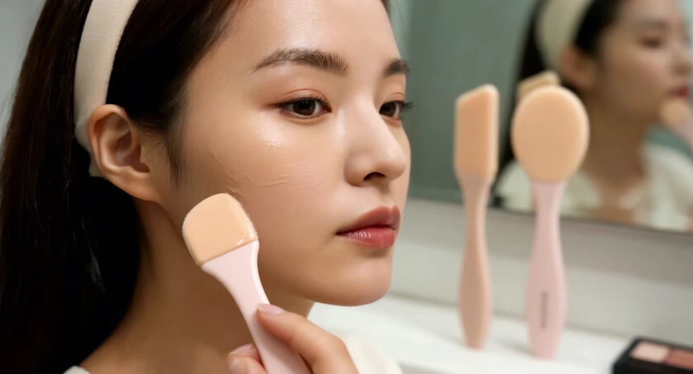 FromRubber professional silicone powder foundation scraper gently collecting excess compact powder without waste, eco-friendly beauty tool