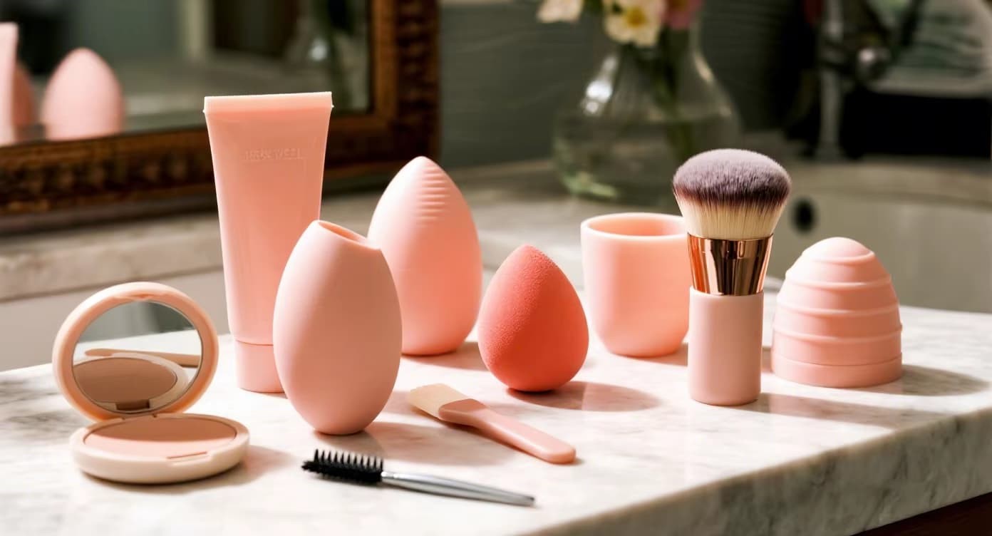 Professional makeup artist kit featuring FromRubber silicone tools including foundation scraper, mixing palette, and lip applicator