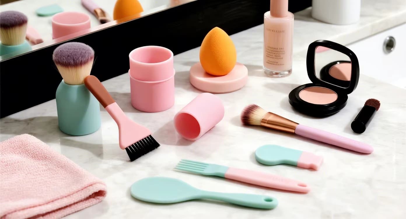 FromRubber reusable silicone makeup brush applicators in natural setting with green leaves - zero waste beauty tools