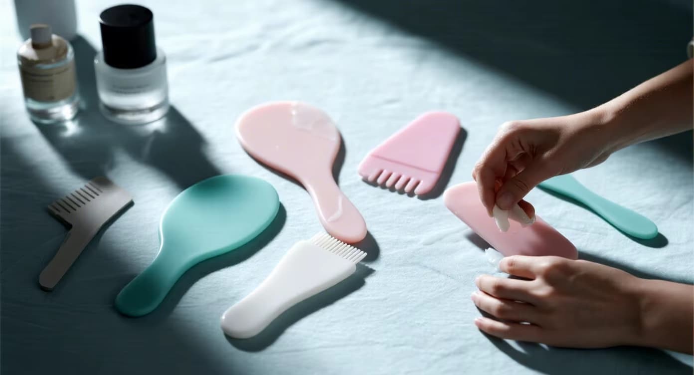 FromRubber silicone makeup brushes gently touching sensitive skin - hypoallergenic and safe for acne-prone skin