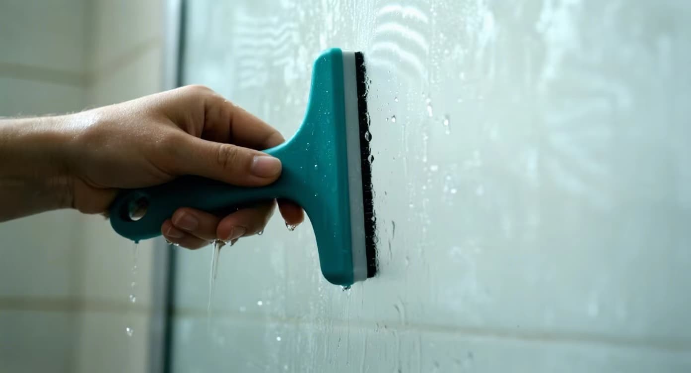 Clear glass shower door with a FromRubber silicone wiper removing water streaks, leaving spotless surface