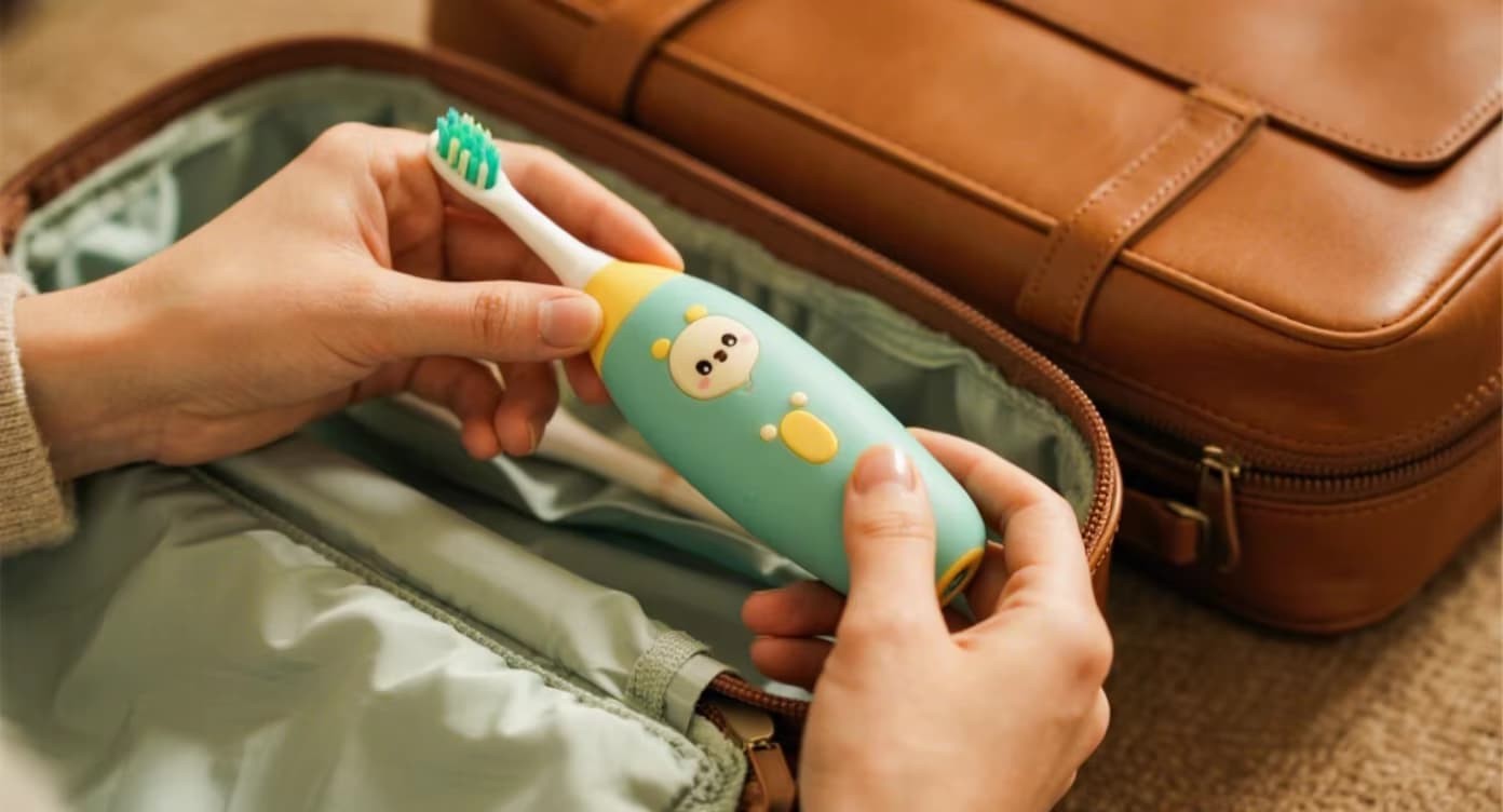 Women smiling with cartoon electric toothbrush silicone cover - cute, clean, travel-friendly design by From Rubber