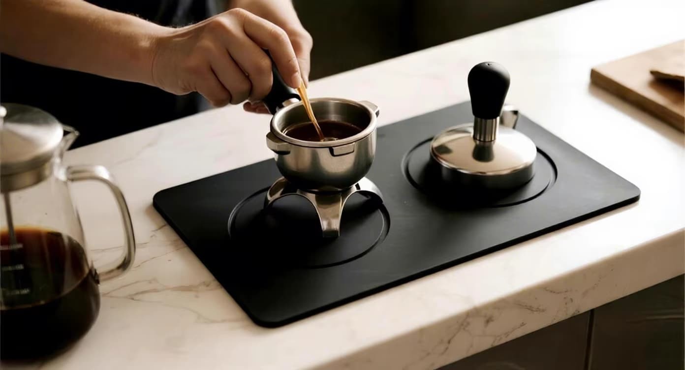 Coffee bar silicone corner powder hammer pad from FromRubber - perfect for tamping coffee grounds and dusting powder