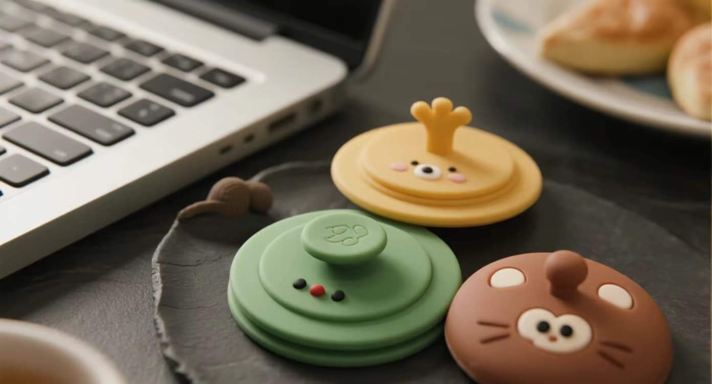 FromRubber BPA-free cartoon animal silicone cup lids product gallery – bear, cat, fox designs for travel mugs