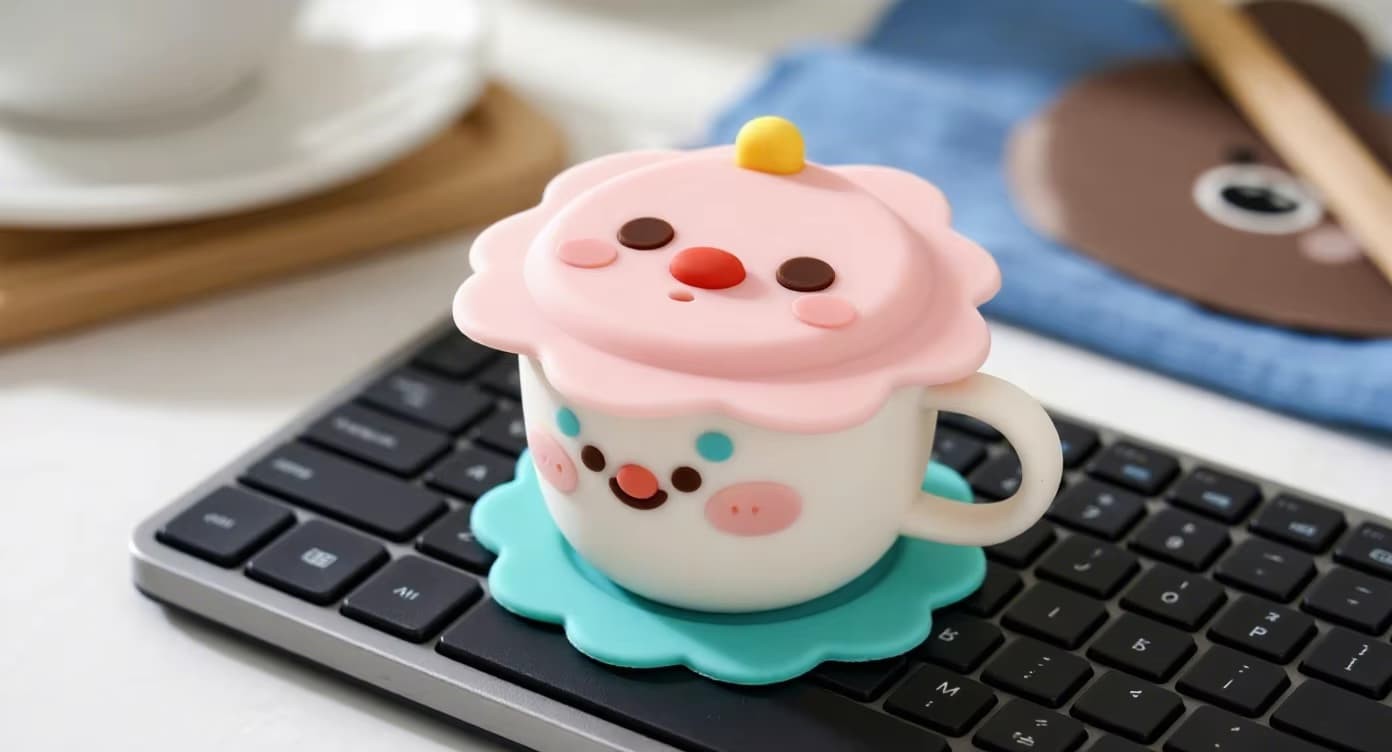 Custom silicone mug toppers with fun cartoon animal designs displayed on various thermal mugs and ceramic cups – boost merchandise sales