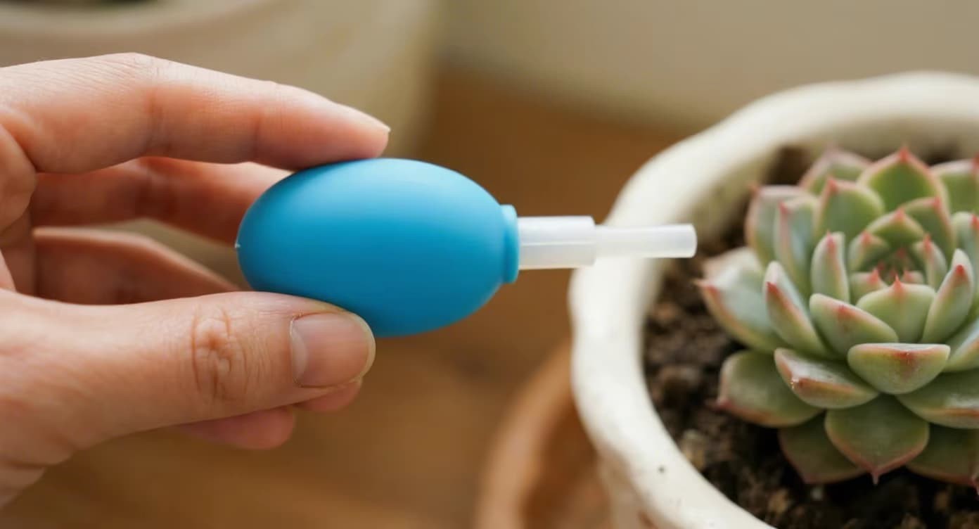 Using a soft silicone dusting ball to clean dust off succulent leaves and houseplants gently