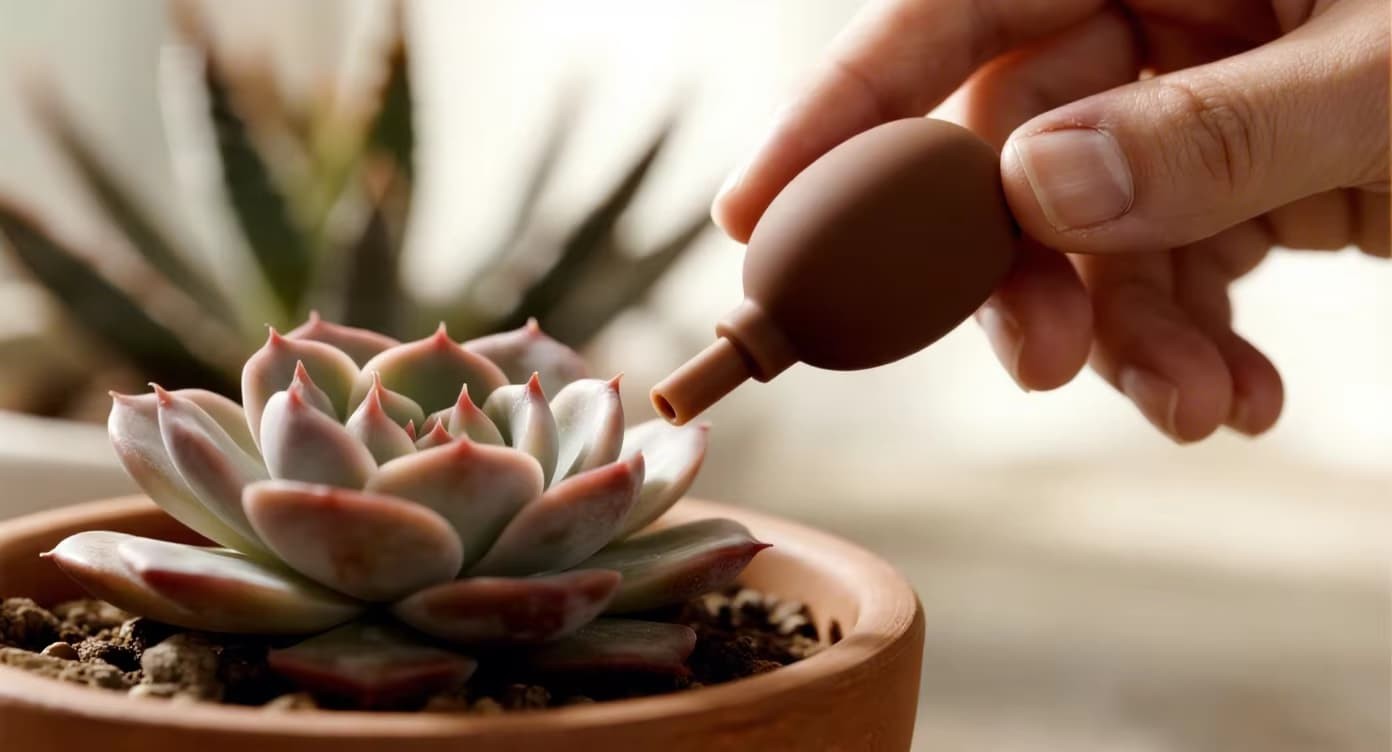 Silicone dusting ball gently cleaning dust off succulent leaves – safe plant care tool by FromRubber