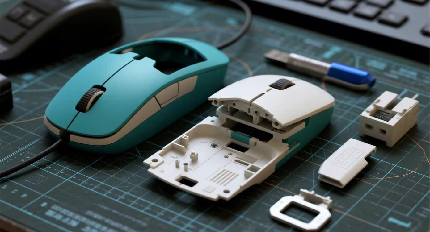 Custom color mouse plastic enclosures manufactured by FromRubber using masterbatch technology - no painting required