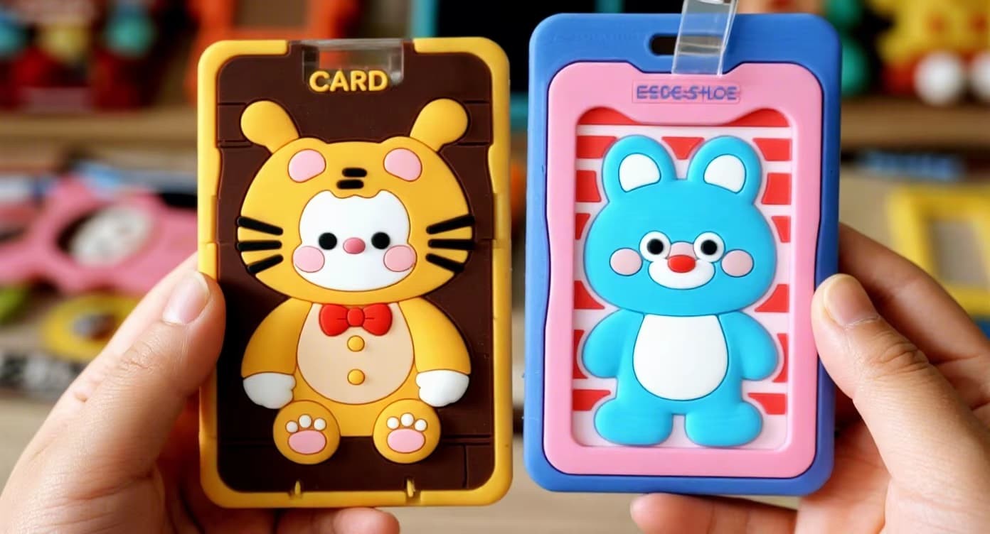 Person easily sliding a credit card out of a silicone card holder from FromRubber, showing no sticking problem